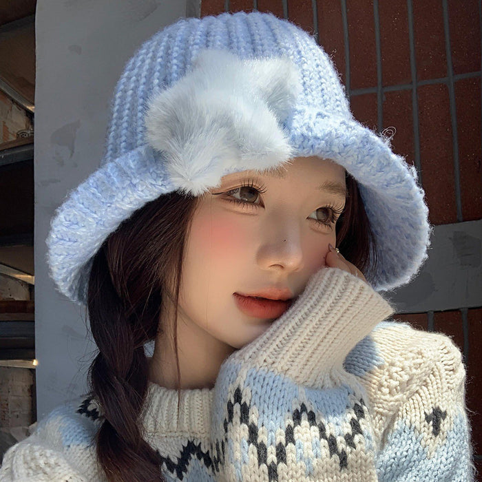 Women’s Plush Star Bucket Hat – Cute Knit Winter Hat Soft & Warm