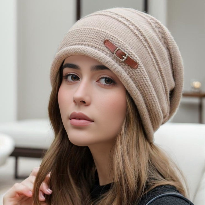 Women’s Knit Beanie Hat – Warm Drawstring Winter Cap with Stripe