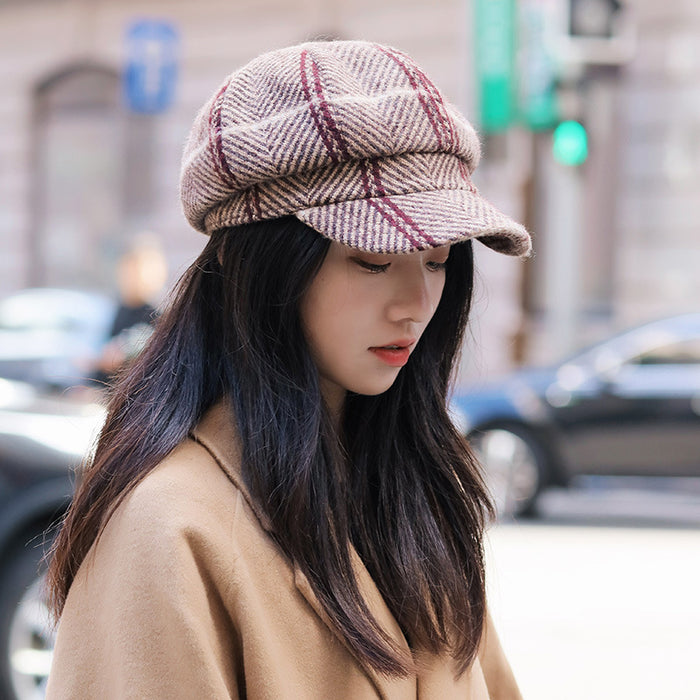 Women’s Plaid Baseball Cap – Vintage Wide Brim Warm Casual Hat